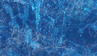 Technology screen with abstract network patterns and skyscrapers