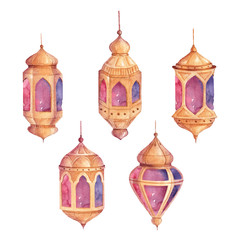 Watercolor Arabic Lantern Illustration Set in Purple and Pink
