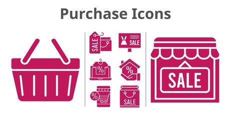 purchase icons set. included shopping bag, online shop, mortgage, shop, shopping-basket icons. filled styles.