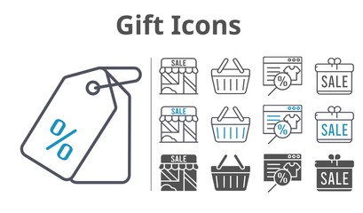 gift icons icon set included gift, online shop, shop, price tag, shopping-basket, shopping basket icons