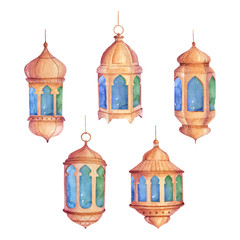 Watercolor Arabic Lantern Illustration Set in Green and Blue
