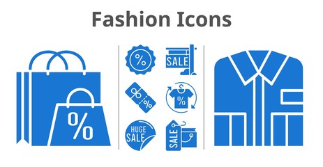 fashion icons set. included shopping bag, sale, shirt, discount icons. filled styles.