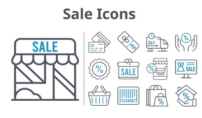 sale icons set. included gift, shopping bag, online shop, mortgage, shop, discount, shopping-basket, credit card, delivery truck, barcode icons. bicolor styles.