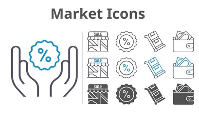 market icons icon set included shop, wallet, discount, trolley icons