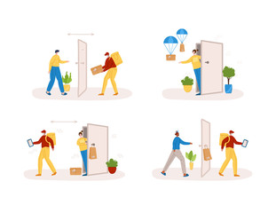 Safe delivery concept - contactless delivery of products or parcels to home to front door, express courier service with safe distance for quarantine - flat cartoon vector. Courier in mask and client