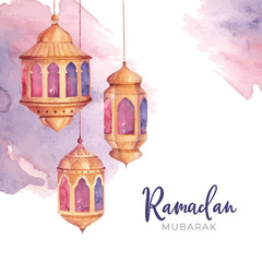 Ramadan Mubarak Greeting Card Template with Watercolor Lantern Illustration