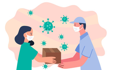 A delivery man sending a package to a customer during Covid-19 quarantine illustration