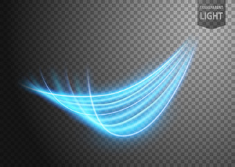 Abstract blue wavy line of light with a transparent background, isolated and easy to edit