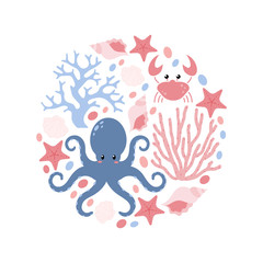 Octopus, Starfish, Seashells, Corals and Crabs.