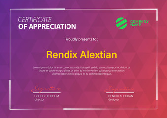 Certificate of Appreciation template, with Geometric hipster triangular background. Vector Illustration