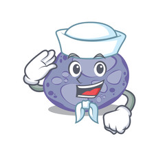 Sailor cartoon character of blue planctomycetes with white hat