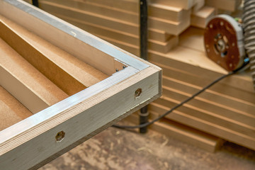 Joinery. Design of the countertop dining table. Countertop aluminum frame manufacturing process