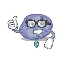 An elegant blue planctomycetes Businessman mascot design wearing glasses and tie