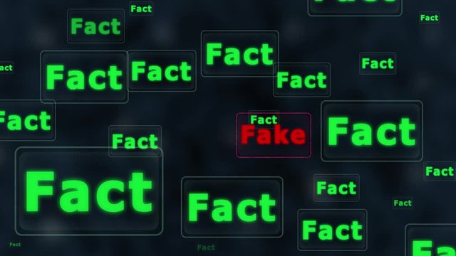 invasion of lies in the space of facts, facts attack and defeats fake, concept of information war between lies and truth, victory of truth, big data cloud illustration, motion graphic animation