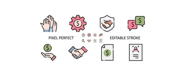 Business Cooperation Filled Outline Icons. Colorful Linear Set Vector Line Icon. Synergy, Partnership, Interaction and more. 64x64 Pixel Perfect. Editable Stroke