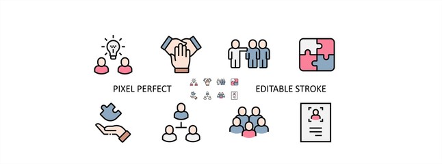 Team Work Filled Outline Icons. Colorful Linear Set Vector Line Icon. Cooperation, Collaboration, Team Meeting and more. 64x64 Pixel Perfect. Editable Stroke