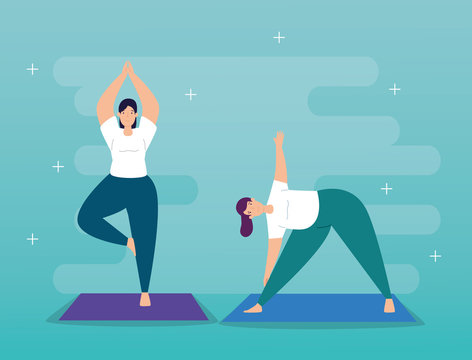 young women practicing yoga character vector illustration design