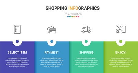 Fototapeta premium Concept of shopping process with 4 successive steps. Four colorful graphic elements. Timeline design for brochure, presentation, web site. Infographic design layout.