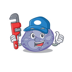Blue planctomycetes Smart Plumber cartoon character design with tool