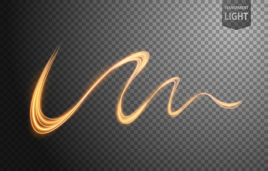 Fototapeta na wymiar Abstract gold wavy line of light with a transparent background, isolated and easy to edit