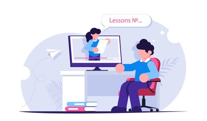 Online education. People sits at a desk while watching video of lesson or webinar. Modern flat vector illustration.