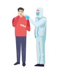 worker using biosafety suit with thermometer and person