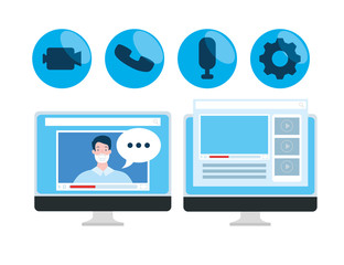 education online technology with computers and icons vector illustration design