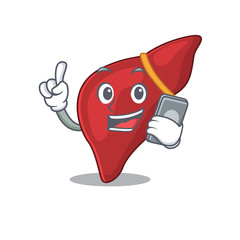 Healthy human liver cartoon character speaking on phone