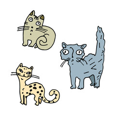 Set of stylized cats. White background, isolate. Cartoon style. Stock illustration.