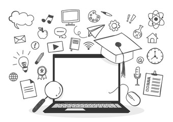 Education concept. Laptop with blank screen. Hand-drawn element educational. Line doodle. Cartoon style. Vector illustration.