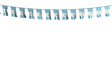 pretty many Guatemala flags or banners hangs on rope isolated on white - any holiday flag 3d illustration..
