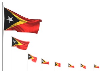 nice labor day flag 3d illustration. - Timor-Leste isolated flags placed diagonal, image with bokeh and place for your text - obrazy, fototapety, plakaty