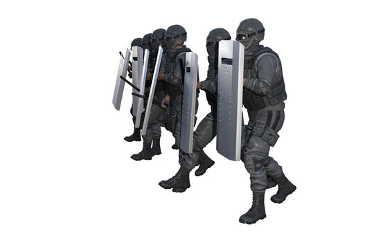Police guards marching against demonstration isolated on white background - protest fighting concept, military 3D Illustration