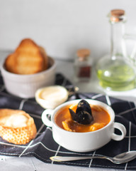 bouillabaisse soup with mussels, croutons and ruy sauce