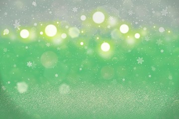 Obraz premium fantastic bright glitter lights defocused bokeh abstract background with falling snow flakes fly, festival mockup texture with blank space for your content