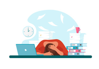 Woman in stress at work laid her head on the table. The concept of professional burnout, career problems, depression. A tired girl at work sits at a desk with a laptop and documents. Flat vector