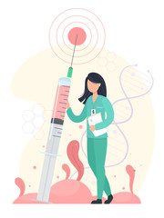 Vaccination concept. Medic girl with a syringe in her hand. A tiny girl in a medical uniform is vaccinating. Vector illustration in cartoon flat style.