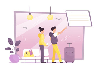 Young couple at the airport watching their flight. Travel. The airport. Vector illustration in cartoon flat style.