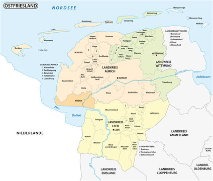 administrative and political map of the Lower Saxony region of East Frisia, Germany