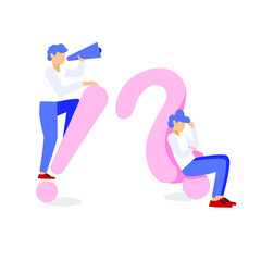 People Characters Standing near Exclamations and Question Marks. Man Ask Questions and receive Answers. Online Support center. Frequently Asked Questions Concept. Flat Vector Illustration.