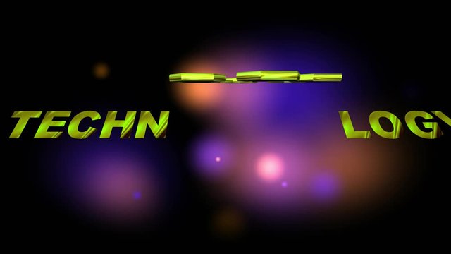 4k 3d animated text with 3d text with word TECHNOLOGY turning and spinning, the letter O made from hexagonal shapes with technical symbols inside each shape coming to rest in the word Technology.