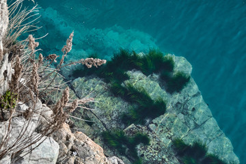 top view from the edge of the cliff on the turquoise sea and seaweed