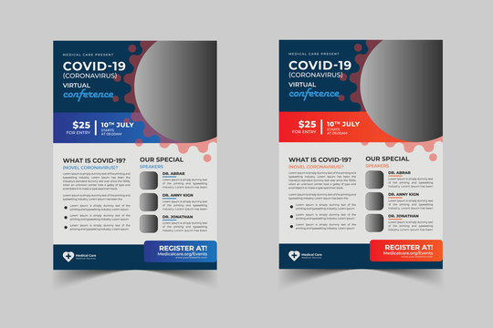 Coronavirus and Covid 19 virtual Conference Flyer Template Design with a4 size,Flyer design for Covid-19 Coronavirus concept, COVID-19 dangerous virus flyer poster brochure