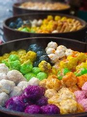 Colorful steamed dim sum, chinese dumpling in a wooden steamer. at Jalan Alor night market, Kuala Lumpur, Malaysia