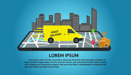 Concept online delivery service, Road map background with a smartphone .