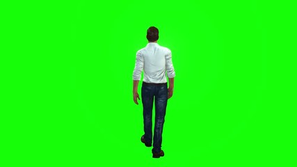 4k 3d animated AVATAR man walking away with back to camera, and fighting against the virus, on a green background.