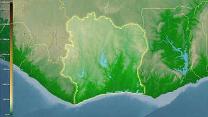 Cote dIvoire, topographic physical - light glow