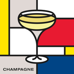 Champagne glass. Modern style art with rectangular shapes. Piet Mondrian style pattern.