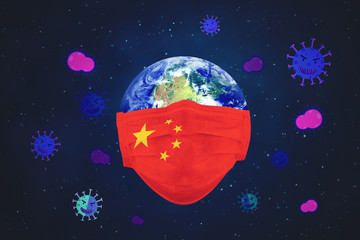 World with China flag face mask and coronavirus