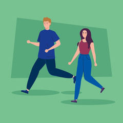 young couple walking avatar character vector illustration design